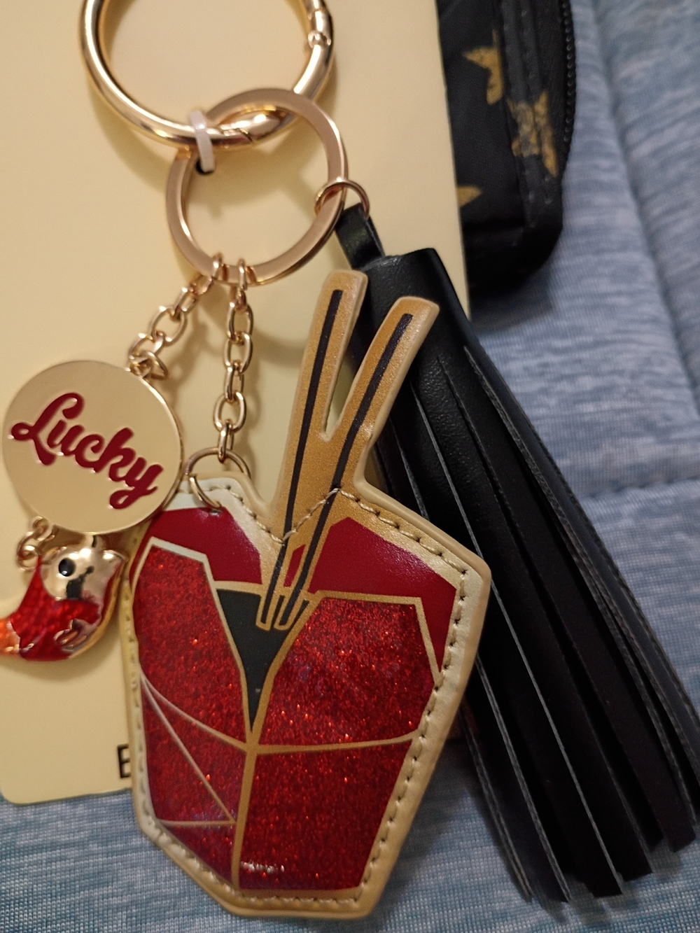 Lucky Red Glitter Takeout Charm Keychain with Black Tassel Koi Fish
